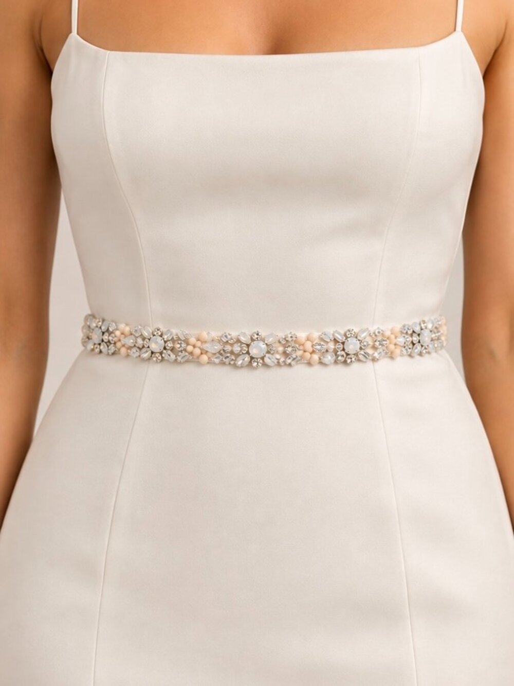 David Tutera Silk Ribbon Tie Bridal Belt - Crystal, Opal, Ivory + Coral Beading